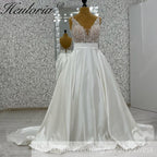 HEULORIA Exquisite Deep V-Neck Lace Applique Satin A-Line Wedding Dress with Cathedral Train AL-1030