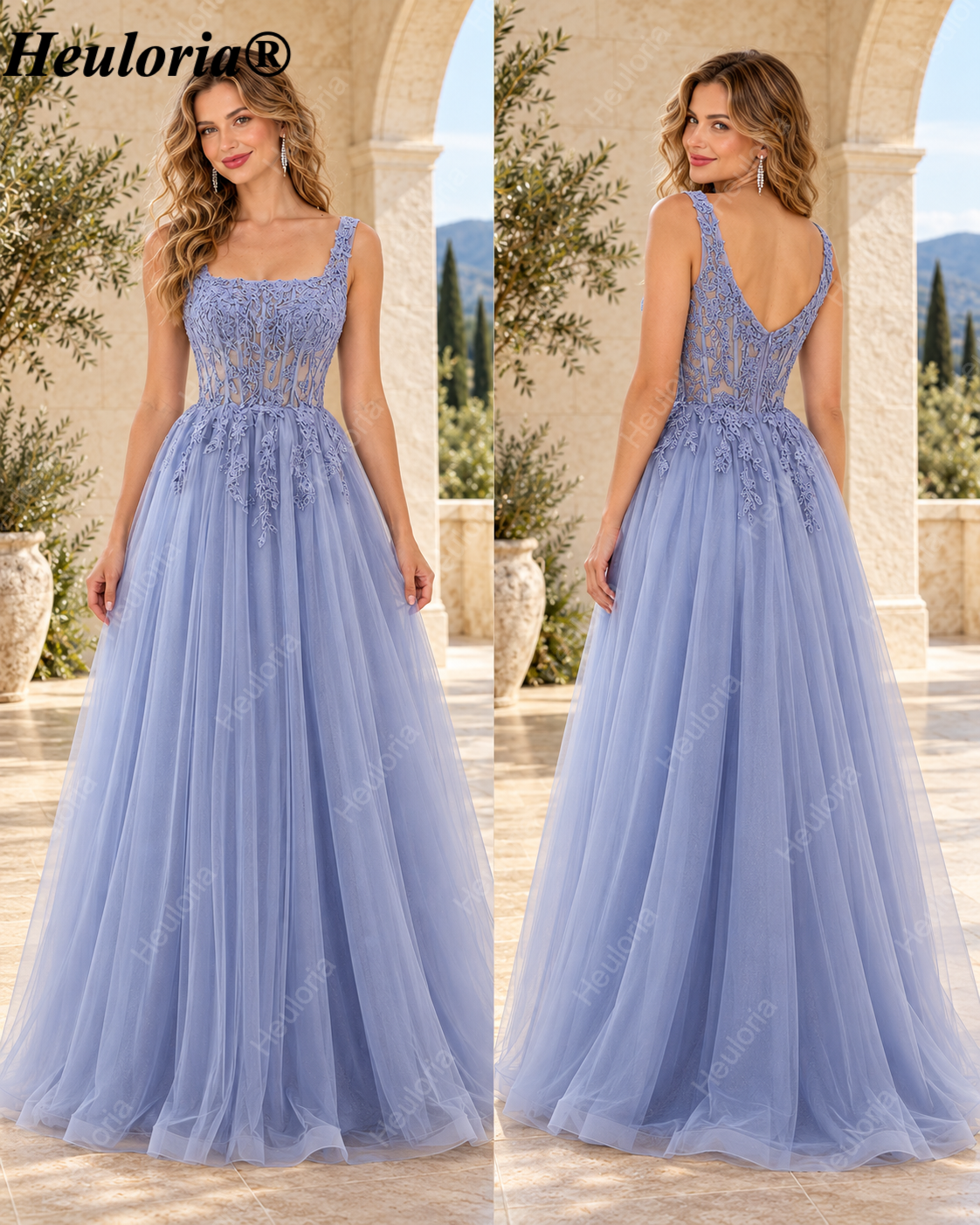 HEULORIA Lavender Square-Neck Lace Tulle A-Line Prom Dress with Illusion Corset Bodice ED-502