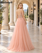 HEULORIA Blush Floral Beaded Tulle A-Line Prom Dress with V-Neck and High Slit ED-572