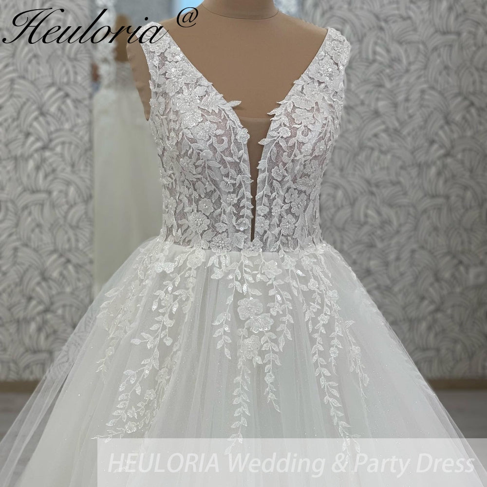 HEULORIA V Neck Sleeveless A lineWedding Dress Boho Lace Appliques Tulle Long Bridal Gowns Backless Vestidos de Novia Customized AL-1032 Secondary image