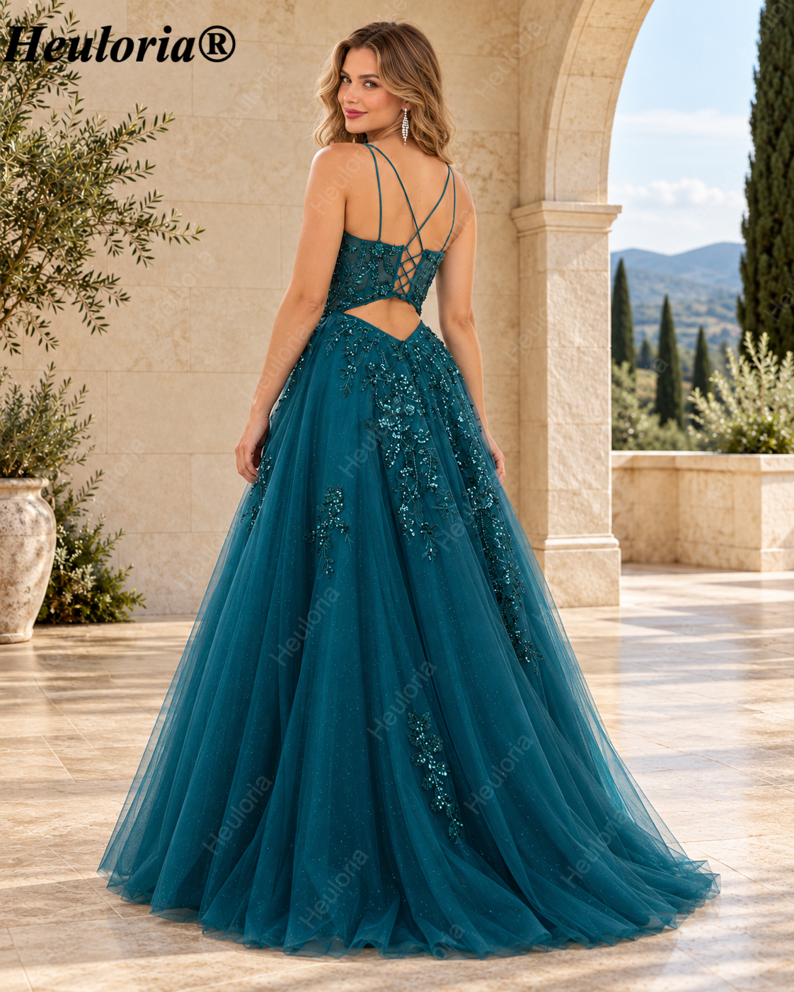 HEULORIA Emerald Floral Sequin A-Line Prom Dress with Plunging V-Neck and Open Back ED-407 Secondary image