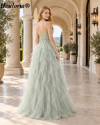 heuloria Dusty Green Floral Corset Tulle Prom Dress with Cascading Ruffles ed-518