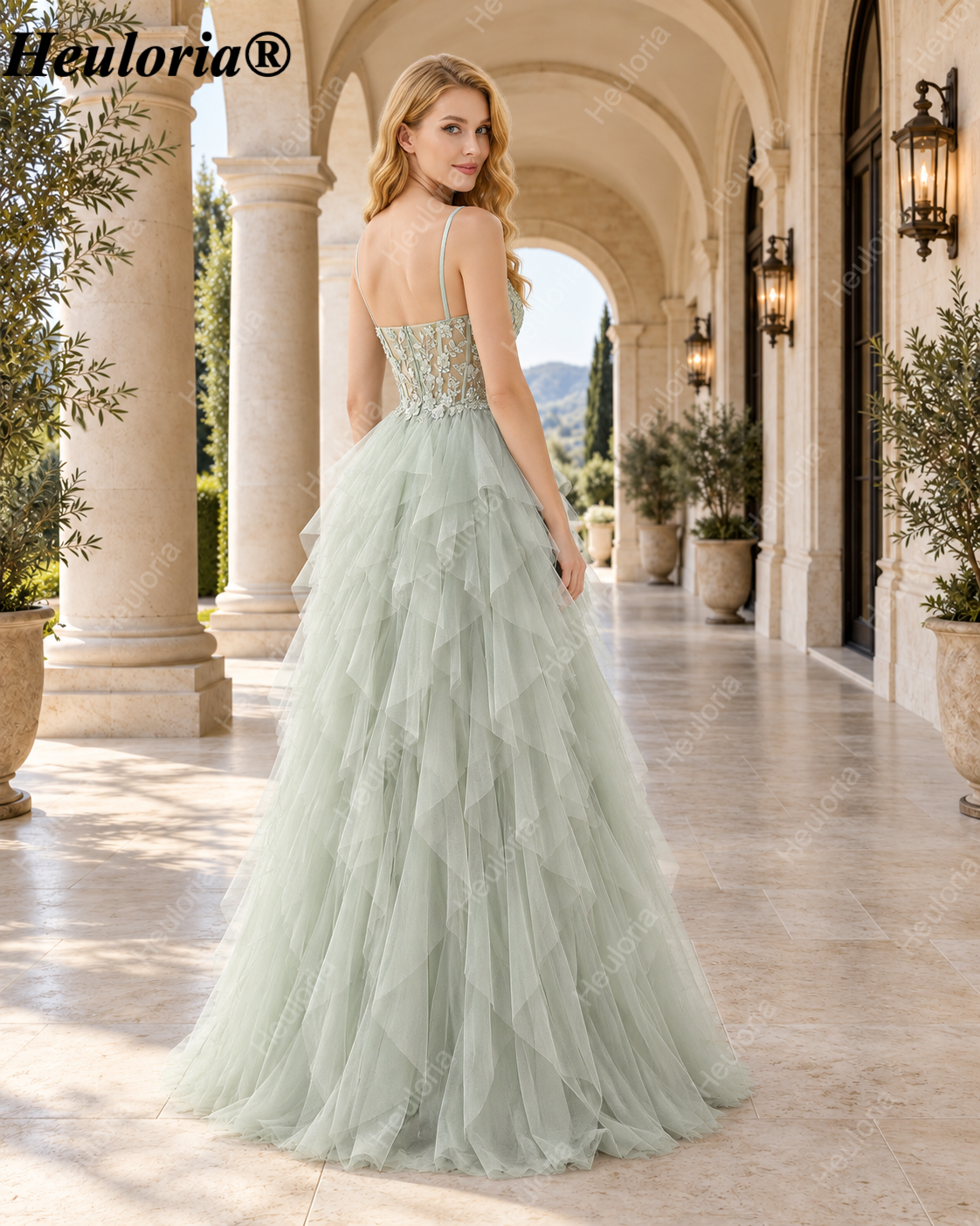 heuloria Dusty Green Floral Corset Tulle Prom Dress with Cascading Ruffles ed-518