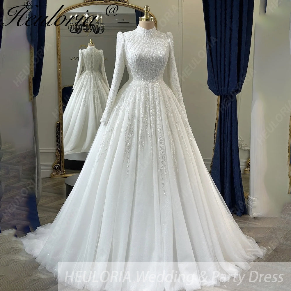 HEULORIA Celestial Radiance: High-Neck Long Sleeve Sequined princess Wedding Dress with Cathedral Train BA-1212