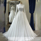 HEULORIA Celestial Radiance: High-Neck Long Sleeve Sequined princess Wedding Dress with Cathedral Train BA-1212