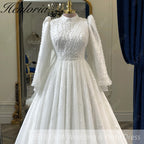 HEULORIA Regal High-Neck Beaded Wedding Dress: Sparkling Sequin A-Line Gown with Bishop Sleeves Muslim wedding dress  BA-1205