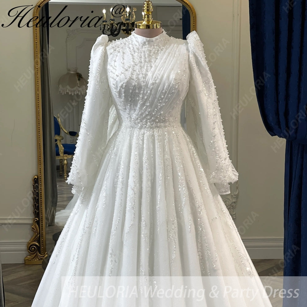 HEULORIA Regal High-Neck Beaded Wedding Dress: Sparkling Sequin A-Line Gown with Bishop Sleeves Muslim wedding dress  BA-1205