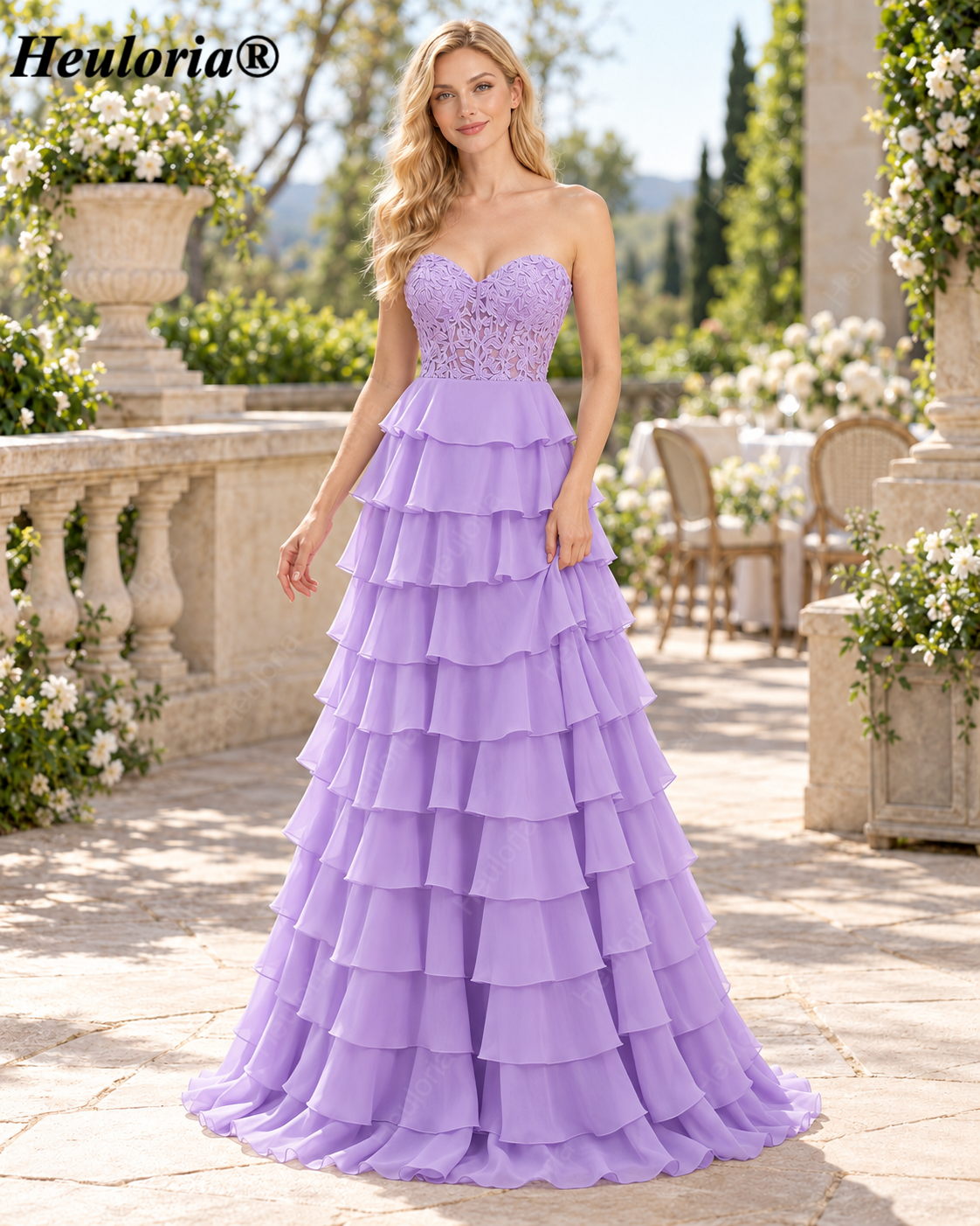 HEULORIA Lavender Strapless Lace Corset Tiered Chiffon A-Line Prom Dress – ED-235