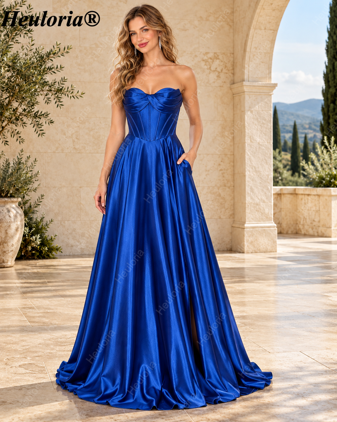 HEULORIA Strapless Sweetheart Satin Corset Prom Dress with Slit and Pockets ED-199