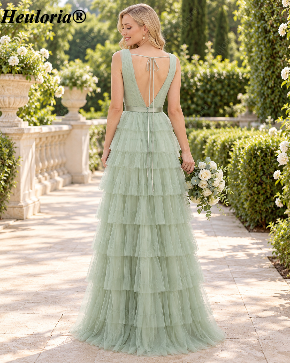 HEULORIA Dusty Sage V-Neck Tiered Tulle A-Line Bridesmaid Dress – ED-267 Immagine secondaria del prodotto
