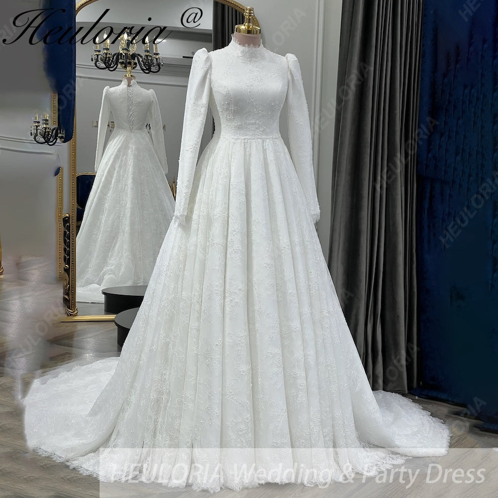 HEULORIA Victorian-Inspired High Neck Lace Wedding Dress with Elegant Puff Sleeves & Chapel Train muslim wedding dress  BA-1204