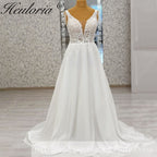 HEULORIA Romantic A-Line Lace Wedding Dress with Deep V-Neck and Crystal Beaded Shoulder Drapes AL-995