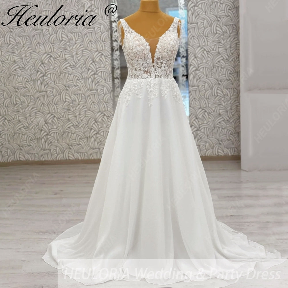HEULORIA Romantic A-Line Lace Wedding Dress with Deep V-Neck and Crystal Beaded Shoulder Drapes AL-995