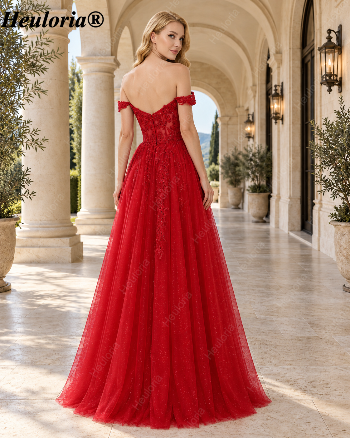 HEULORIA Red Off-the-Shoulder Lace Corset A-Line Tulle Prom Dress ED-351