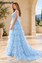 HEULORIA Light Blue Floral Print Tiered Chiffon A-Line Evening Dress with Tie-Shoulder Bows ED-580