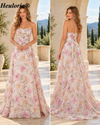 HEULORIA Strapless Floral Embroidered Sequin Ball Gown Evening Dress with Sweep Train ED-643