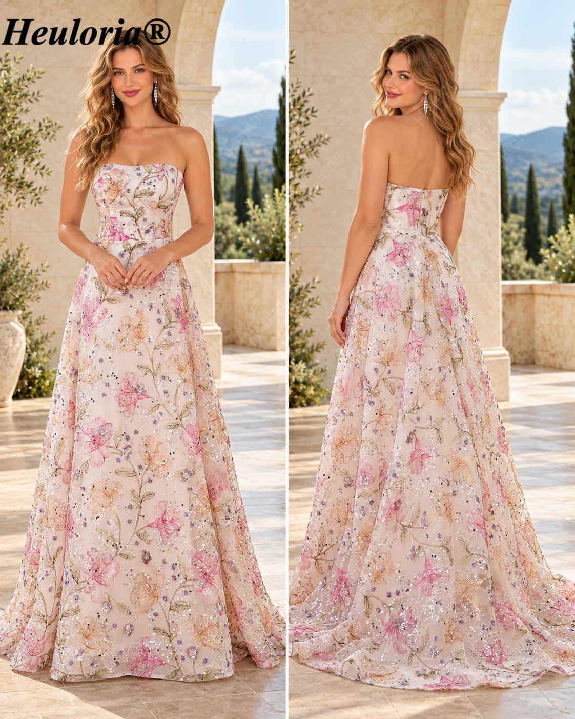 HEULORIA Strapless Floral Embroidered Sequin Ball Gown Evening Dress with Sweep Train ED-643