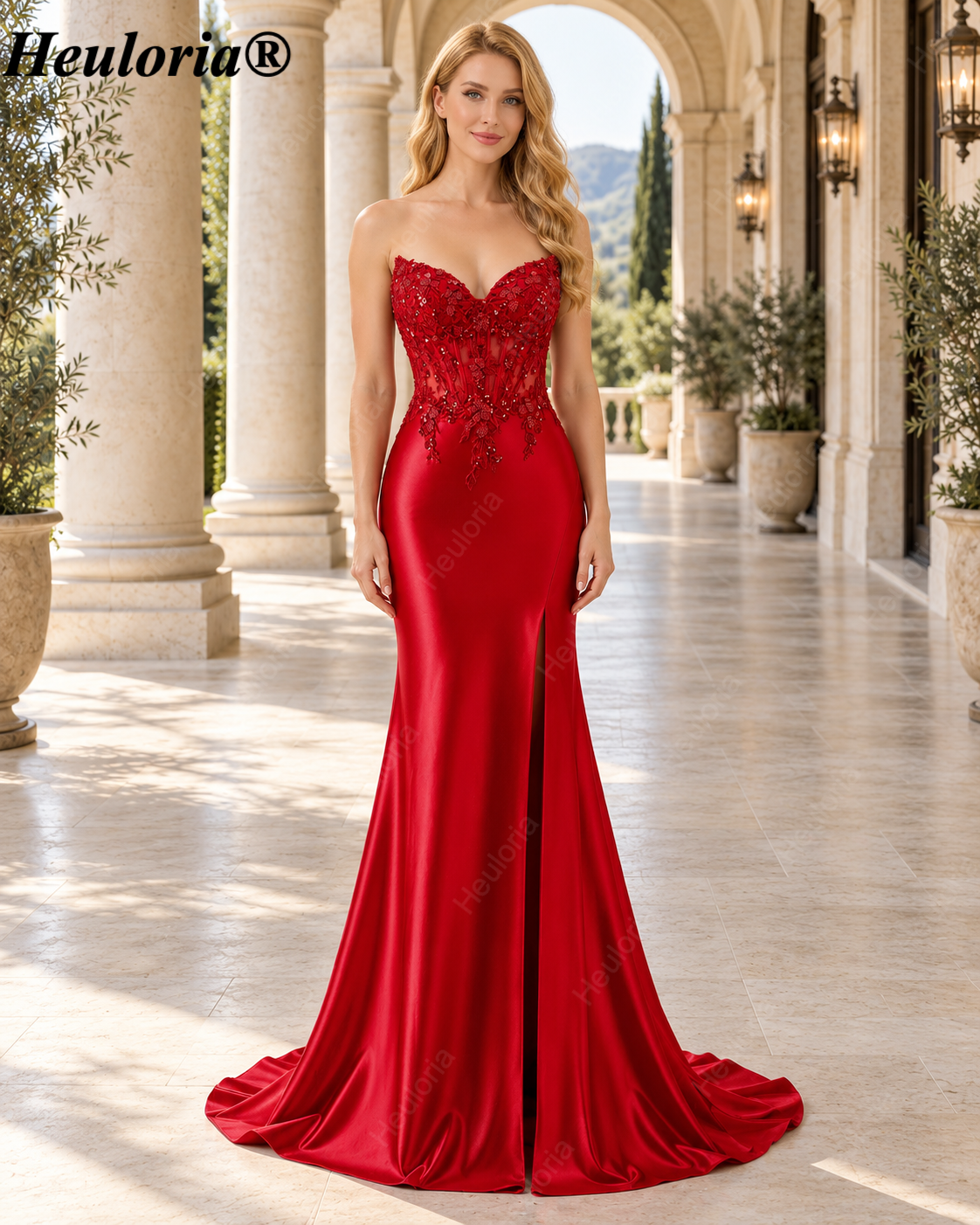 HEULORIA Red Strapless Beaded Lace Corset Satin Mermaid Evening Dress with High Slit ED-362