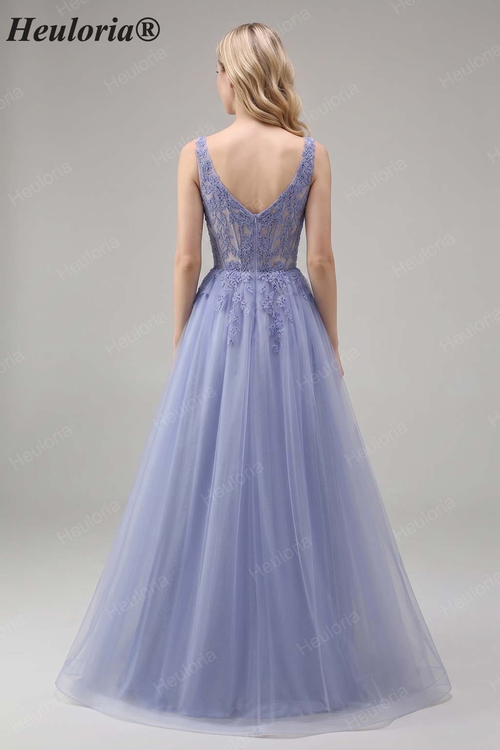 Heuloria Romantic Square Neck Lavender Lace A-Line Tulle Prom Dress with Illusion Corset Bodice ED-502