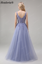 Heuloria Romantic Square Neck Lavender Lace A-Line Tulle Prom Dress with Illusion Corset Bodice ED-502