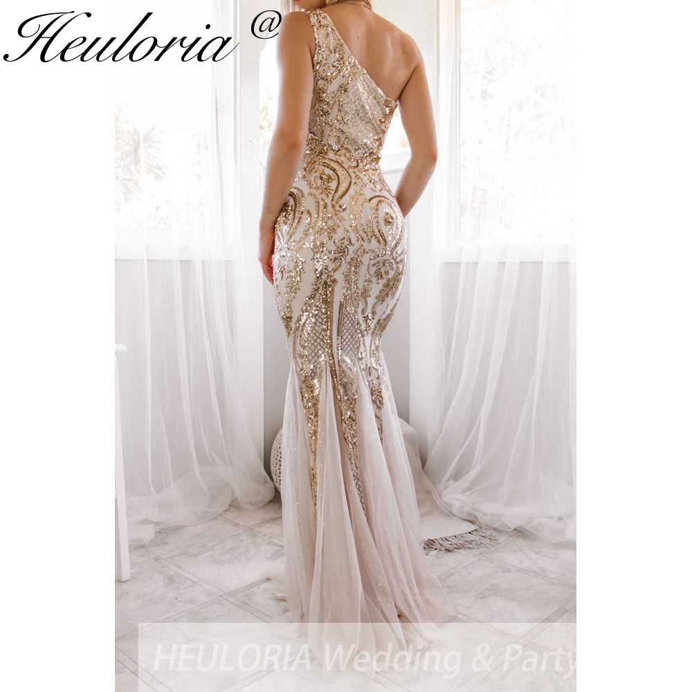 New Sexy Gold mermaid evening dresses one shoulder dresses for women party vestidos de fiesta robe de soiree de mariage