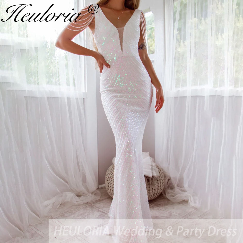 sparky sequin mermaid evening dresses V neck bead tassel formal prom dress