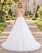 Illusion Deep V Floral Lace Ball Gown Wedding Dress with Corset Back AL-1023