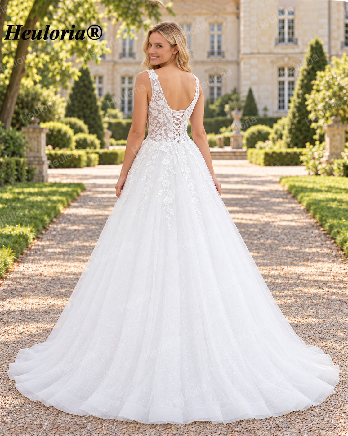 Illusion Deep V Floral Lace Ball Gown Wedding Dress with Corset Back AL-1023