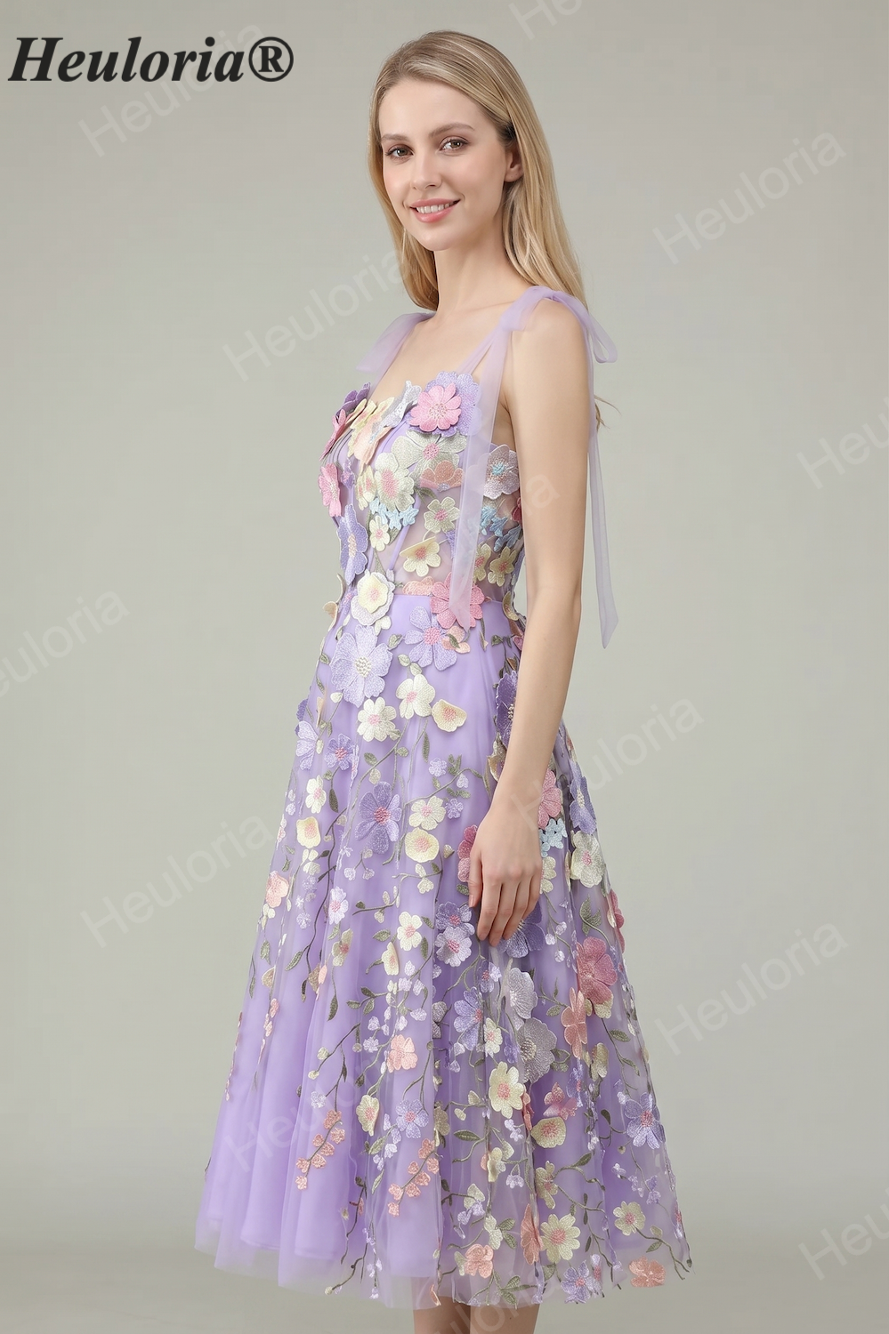 HEULORIA Enchanting Lavender 3D Floral Appliqué Tea-Length Prom Dress with Tulle Bow Straps ED-682