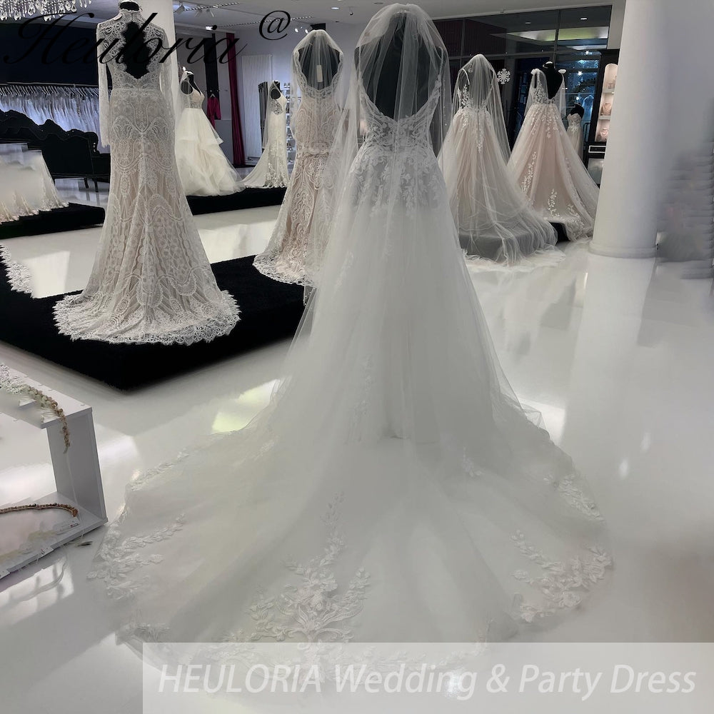 HEULORIA Spaghetti Straps Vintage Lace Wedding Dress With V Neckline Bride Dress Tulle Beach Bridal Gown trouwjurk  Customized AL-940