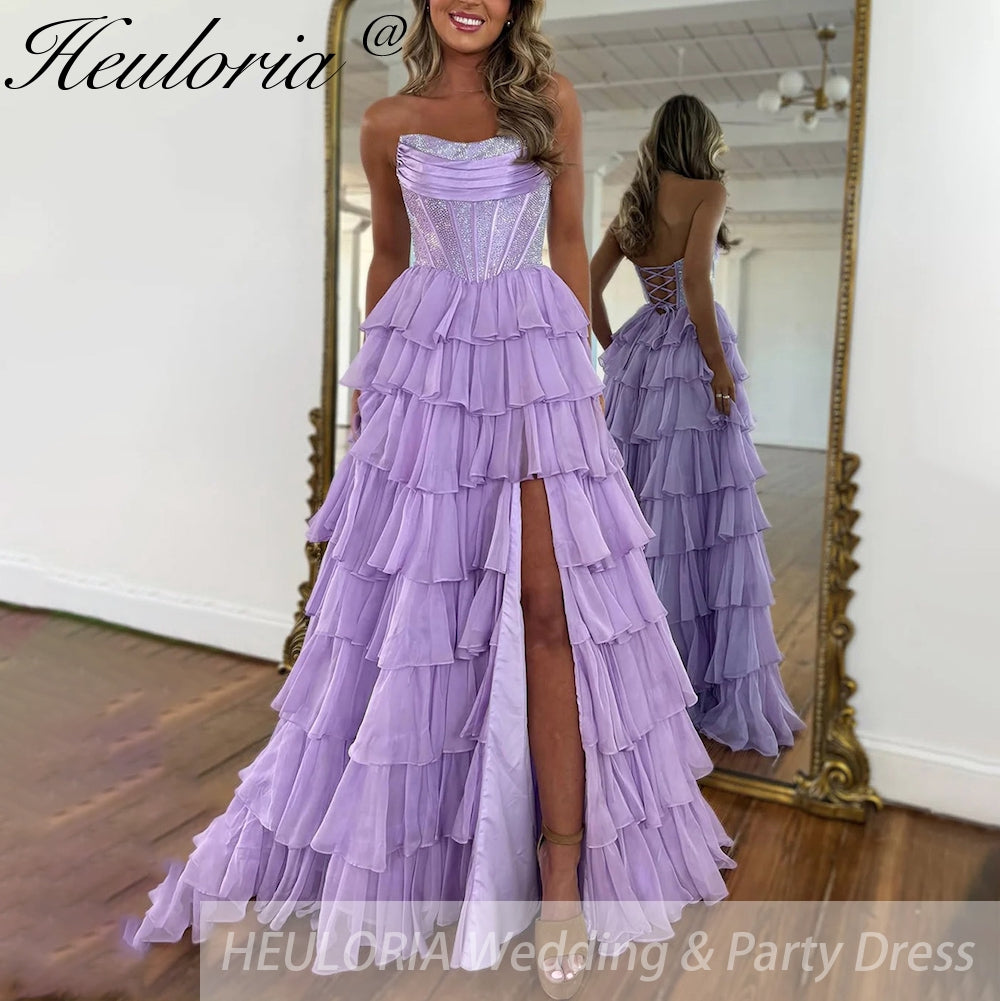 Sexy Strapless evening dress Chiffon Blue Tiered Ruffles with Slit Crystal A-Line Lace-upParty Gowns Customized