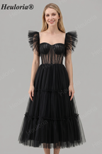 HEULORIA Gothic Romantic Black Tiered Tulle Midi Dress - Sheer Corset Bodice with Butterfly Ruffle Sleeves ED-683