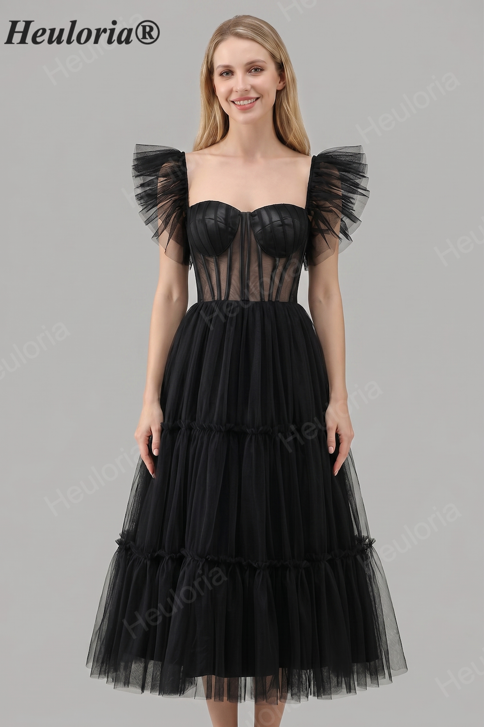HEULORIA Gothic Romantic Black Tiered Tulle Midi Dress - Sheer Corset Bodice with Butterfly Ruffle Sleeves ED-683