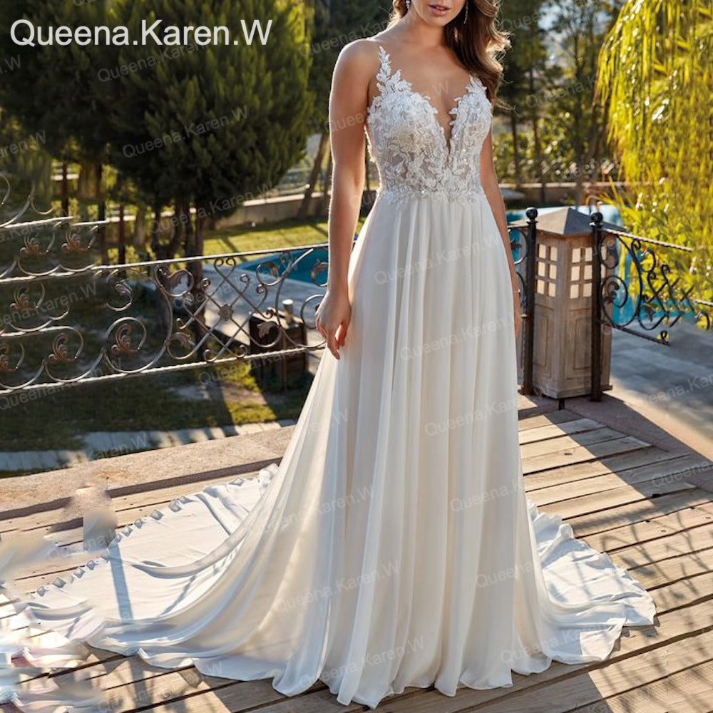 HEULORIA  elegant A line wedding dress Spaghetti Strap crepe lace chiffon bridal dress Robe De Mariee Wedding Bride Dress AL-QK45