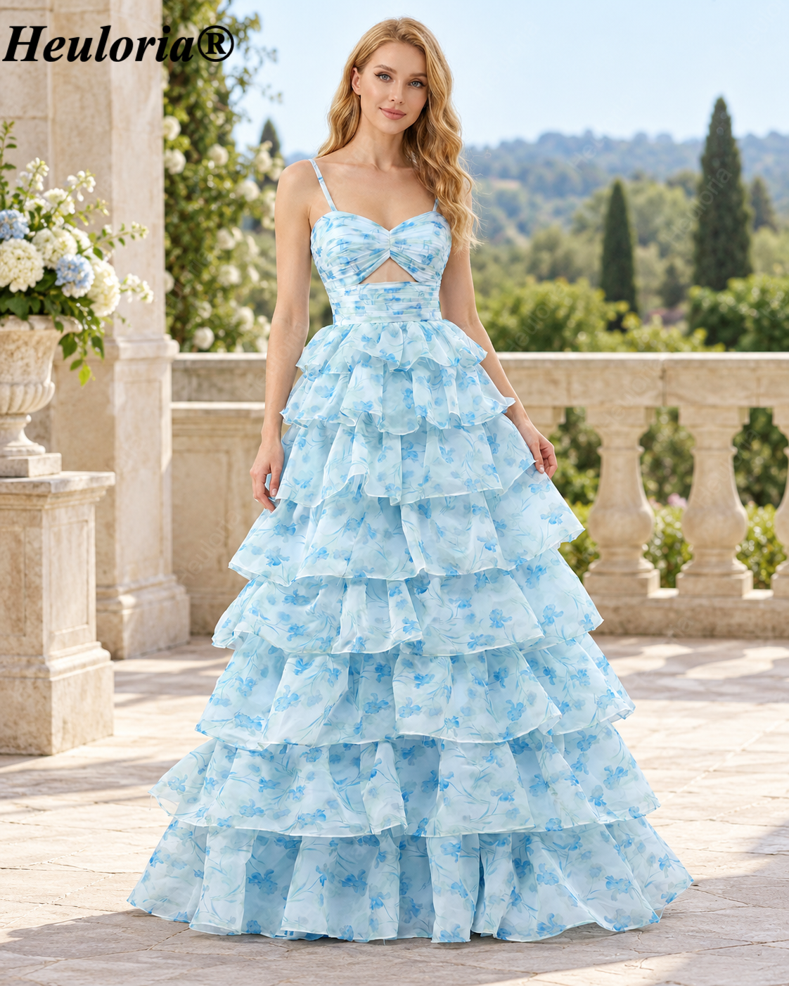 HEULORIA Blue Floral Tiered Prom Dress with Sweetheart Neckline and Cutout ED-368 Main image