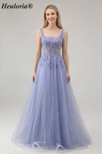 Heuloria Romantic Square Neck Lavender Lace A-Line Tulle Prom Dress with Illusion Corset Bodice ED-502