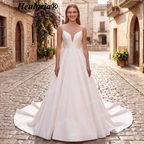 HEULORIA Elegant Satin V-Neck A-Line Wedding Dress with Button Back Details AL-214