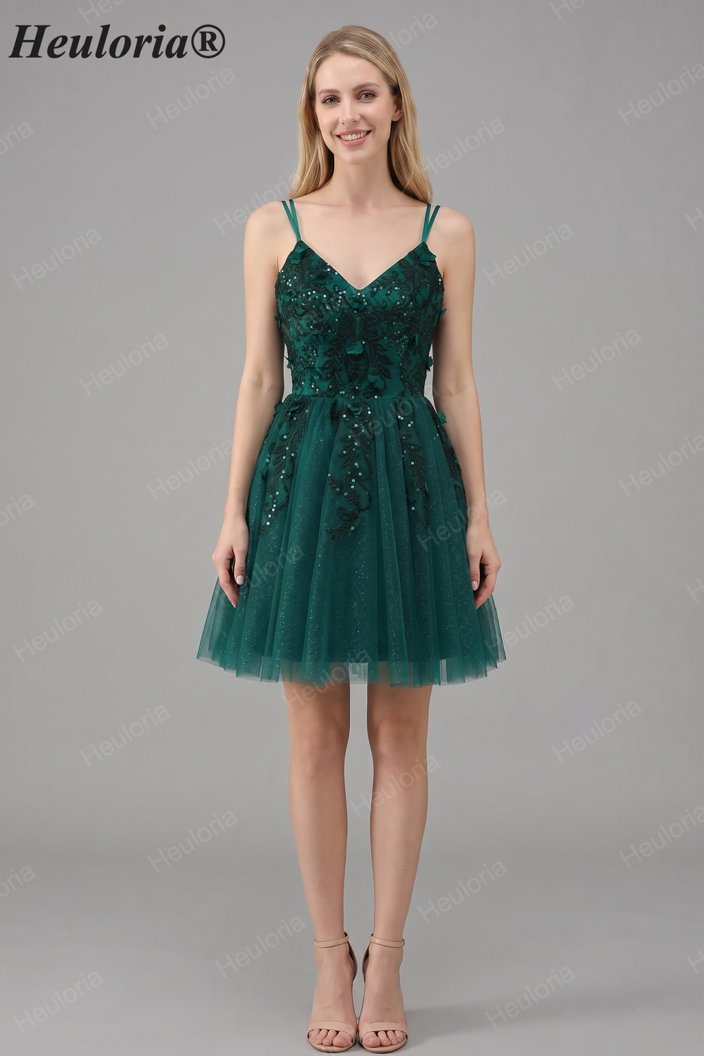 HEULORIA Sparkly Emerald Green V-Neck Homecoming Dress with 3D Floral Lace & Open Back ED-323