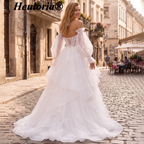 HEULORIA Romantic Off-the-Shoulder Tulle A-Line Wedding Dress with Puff Sleeves & Tiered Skirt AL-QK209