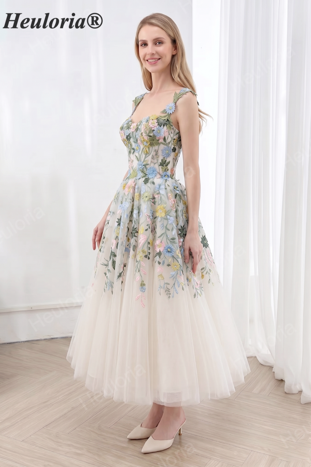 HEULORIA Enchanting 3D Floral Embroidered Tea-Length Tulle Dress | Romantic Corset Back Occasion Gown ED-665 tea Imagen secundaria del producto