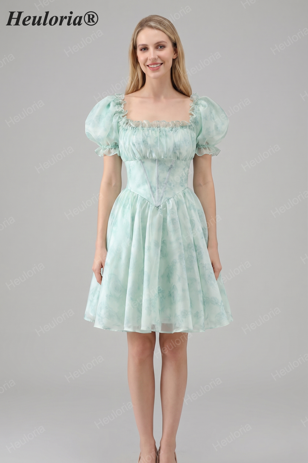 HEULORIA Romantic Floral Puff Sleeve Square Neck Mini Dress with Corset Waist ED-592