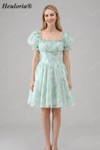 HEULORIA Romantic Floral Puff Sleeve Square Neck Mini Dress with Corset Waist ED-592