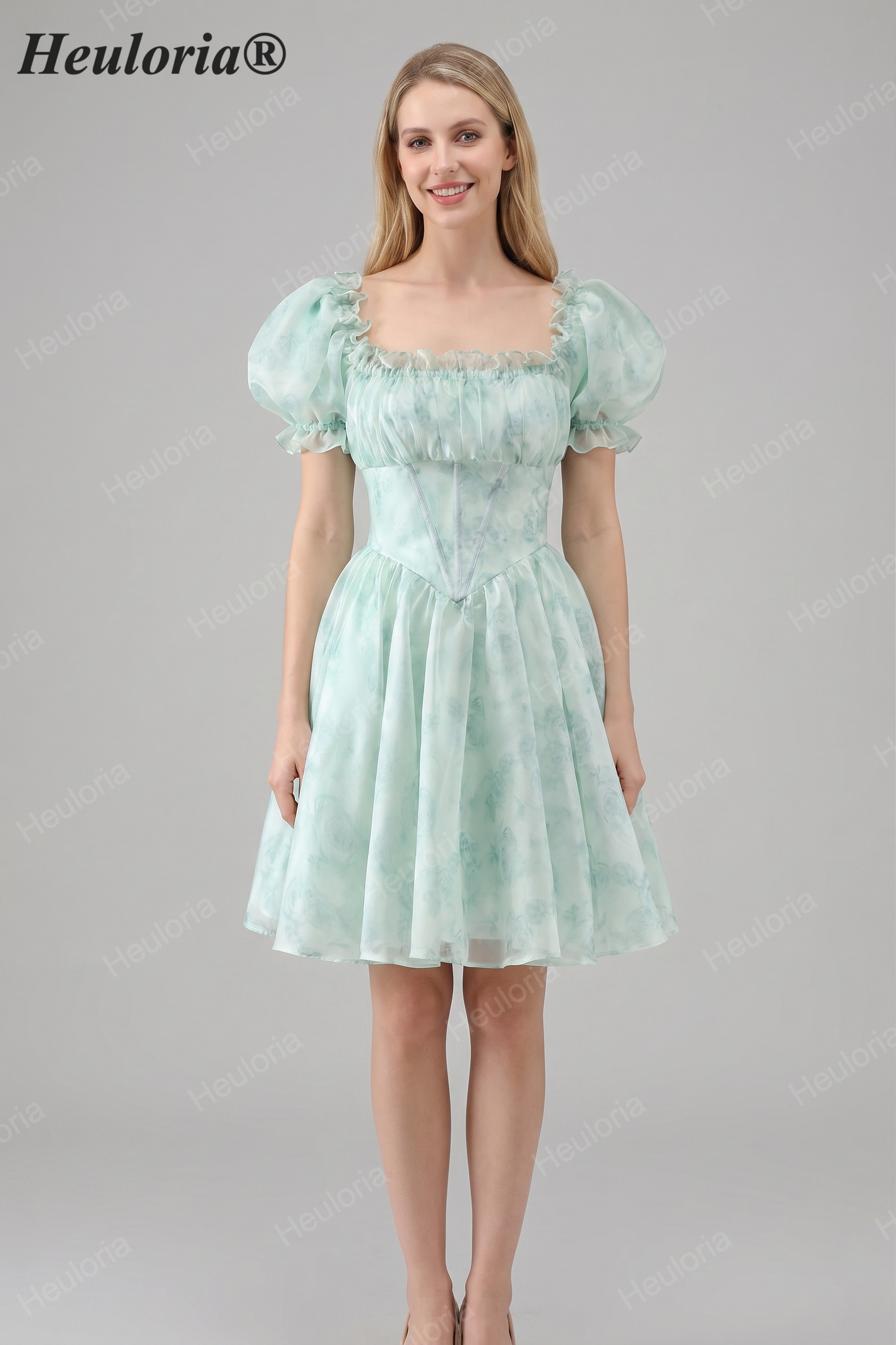 HEULORIA Romantic Floral Puff Sleeve Square Neck Mini Dress with Corset Waist ED-592
