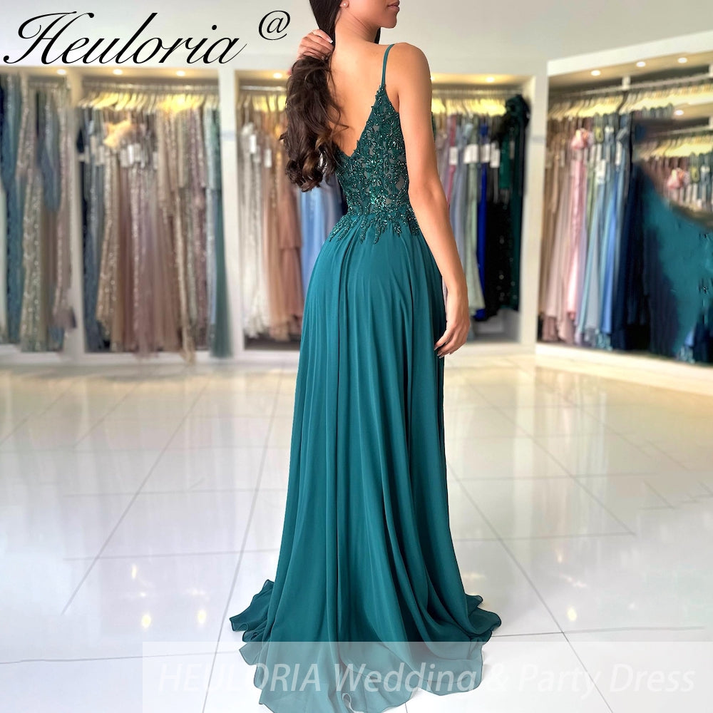 Green Chiffon Evening Dress Women Elegant Applique Suspenders Deep V-neck Backless Bridal Formal Long Ball Gowns Pageant Dress