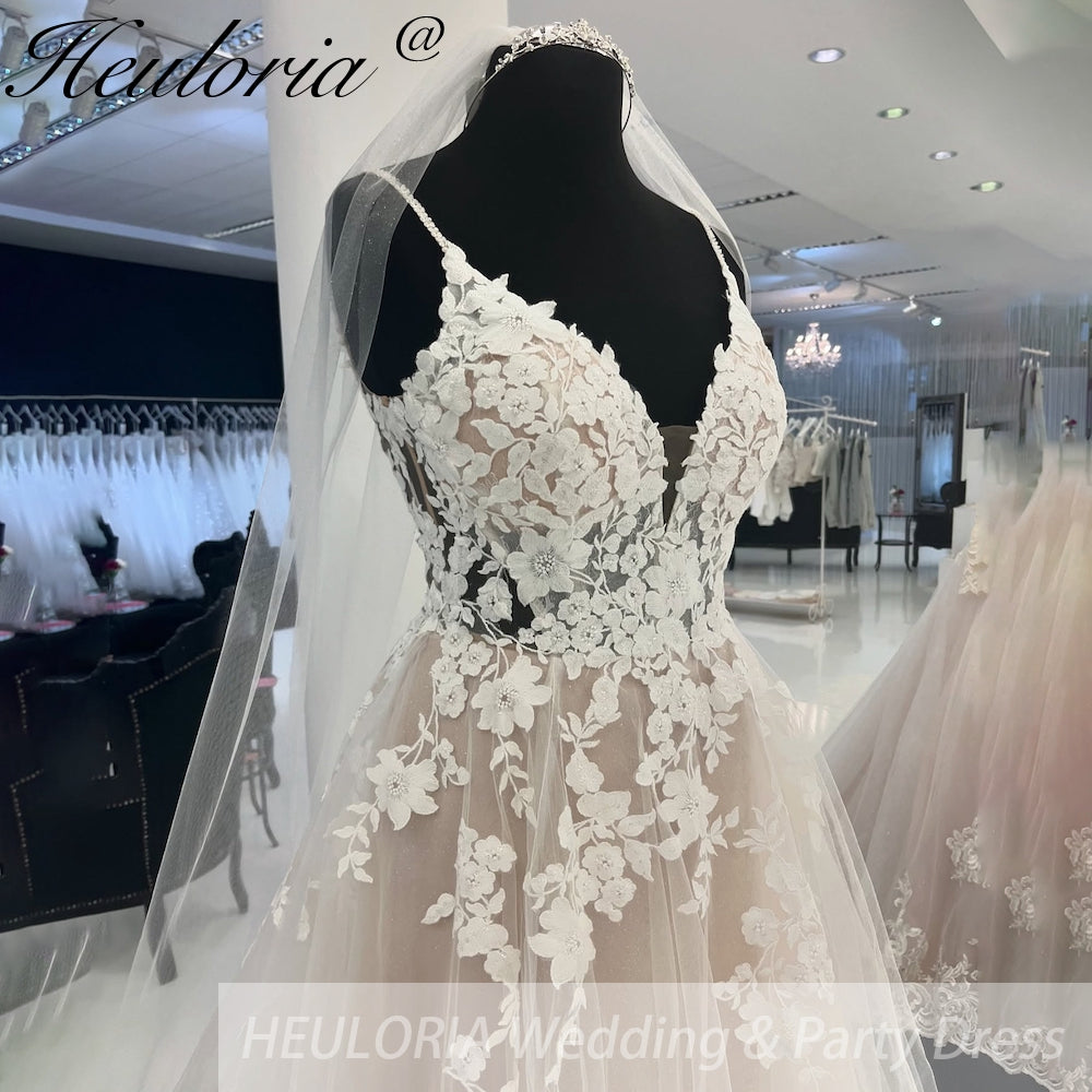 HEULORIA Spaghetti Strap  A-Line wedding dress lace applique with sparky gliter tulle Bridal Gown Wedding Party Dress Vestidos De Novia AL-922