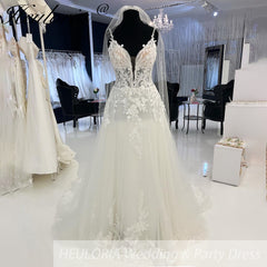 HEULORIA Spaghetti Straps Vintage Lace Wedding Dress With V Neckline Bride Dress Tulle Beach Bridal Gown trouwjurk  Customized AL-940
