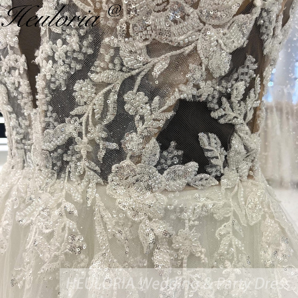 HEULORIA Luxury Beads Lace Appliques Wedding Dress with Spaghetti Straps high Split Backless Bridal dress AL-923
