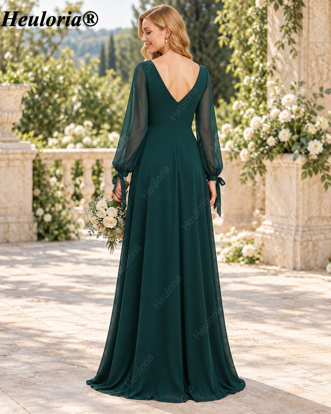 HEULORIA Dark Green Illusion Bateau Neck Chiffon A-Line Bridesmaid Dress with Bishop Sleeves & Slit ED-255