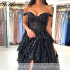 Sparkly A line Prom Formal Dresses Sequins Appliques Ruffle Black Off the shoulder Ruffles High split Prom Dresses Customsized