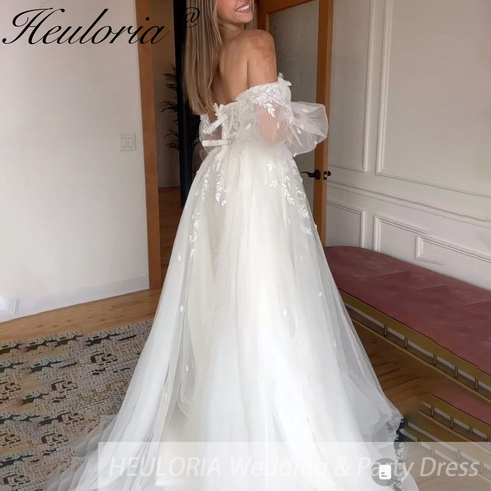 HEULORIA elegant A line wedding dress off shoulder Sparkly Glitter lace bridal dress long sleeve Robe De Mariee Wedding Bride Dress long train AL-517